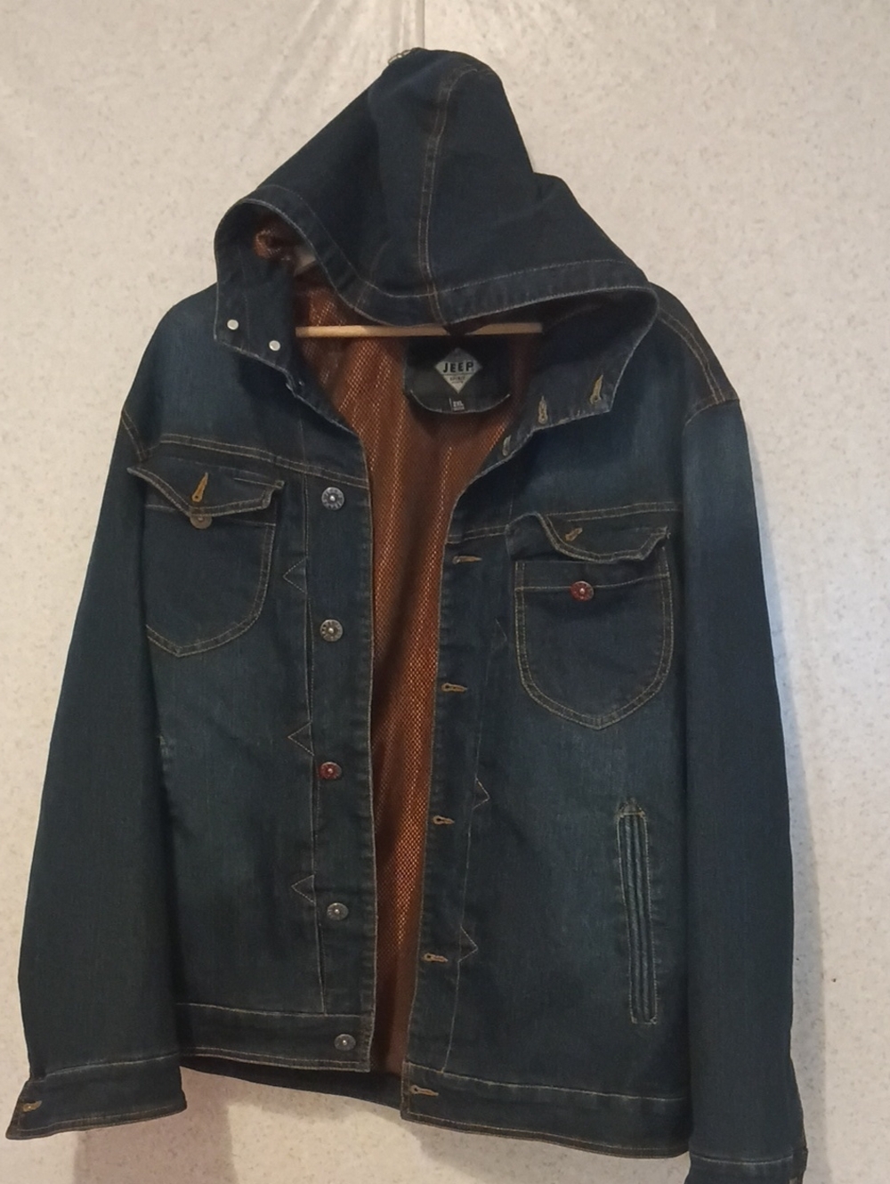 Jeep Dark Blue Denim Hooded Jacket with Brown Lining